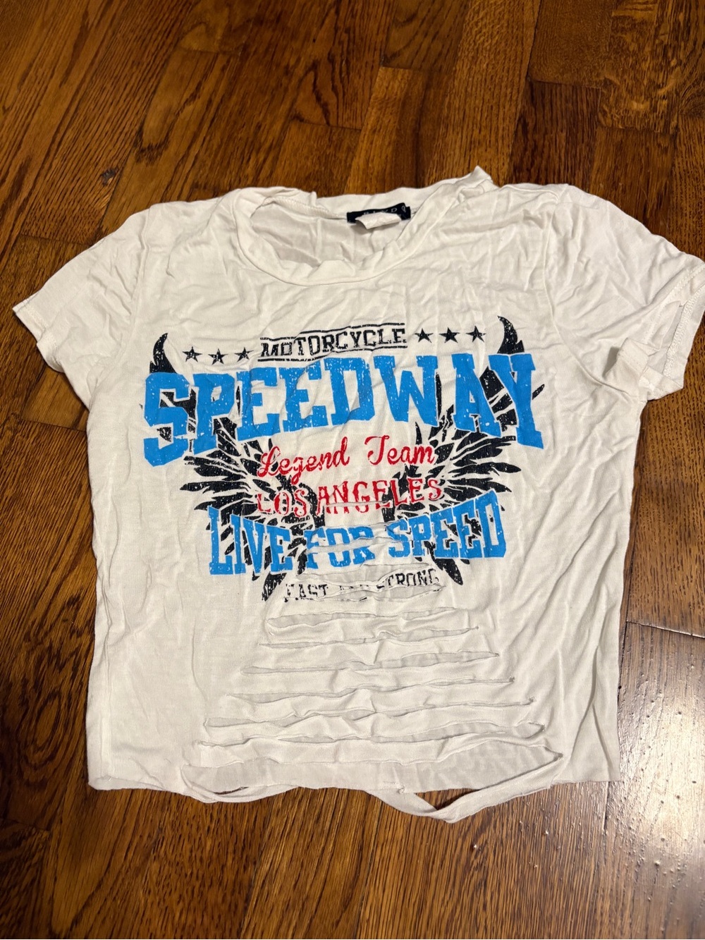 BLVD White Crop Tee with Blue & Black Speedway Graphic